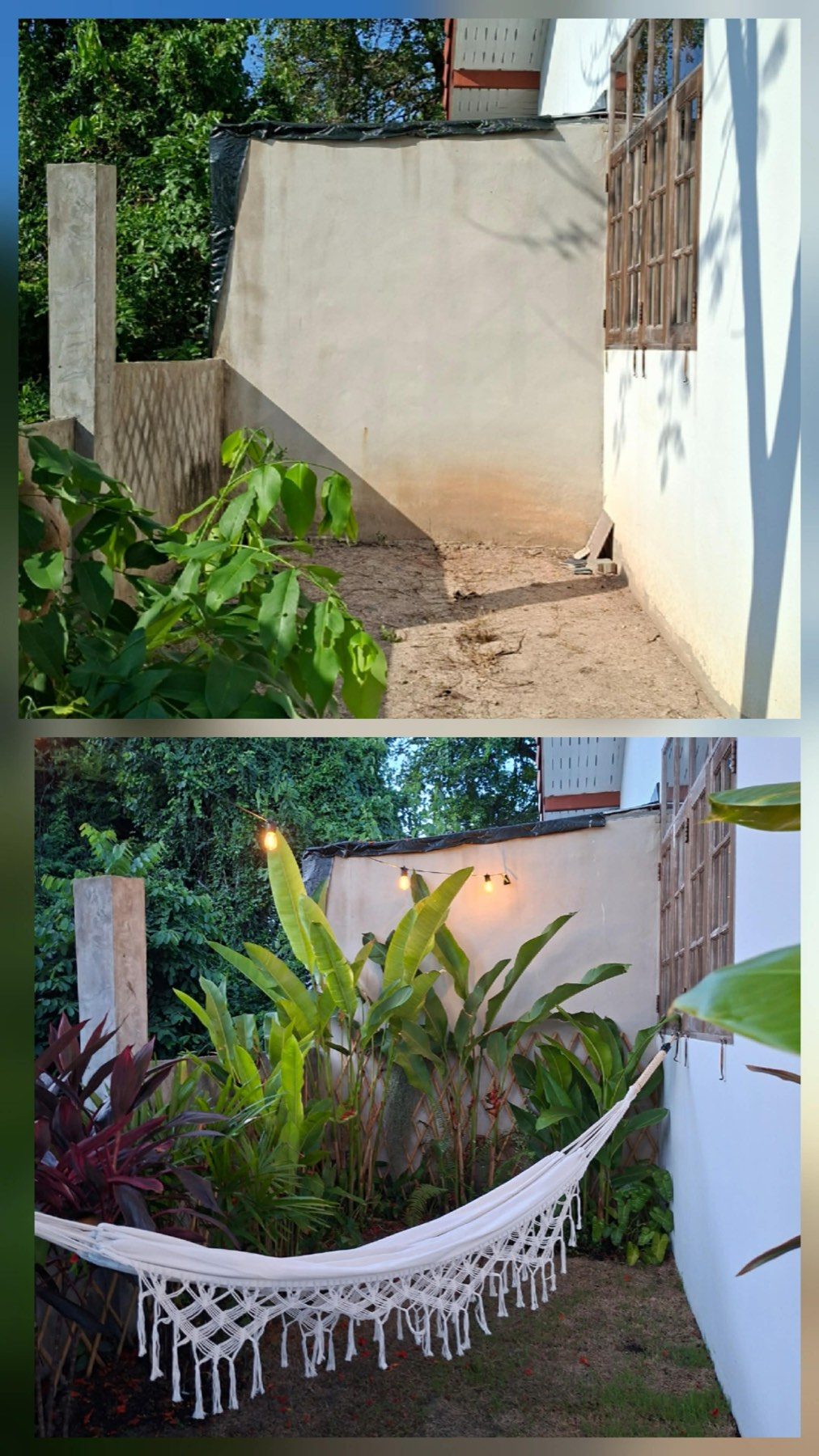 Guest patio before and after: planted corner with a macrame hammock and string lights.