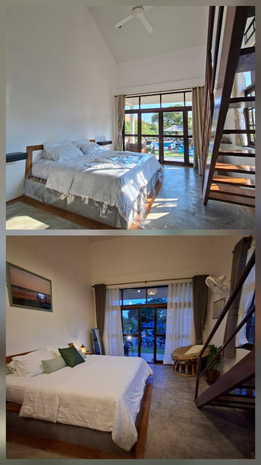 Pool-view room — before & after.