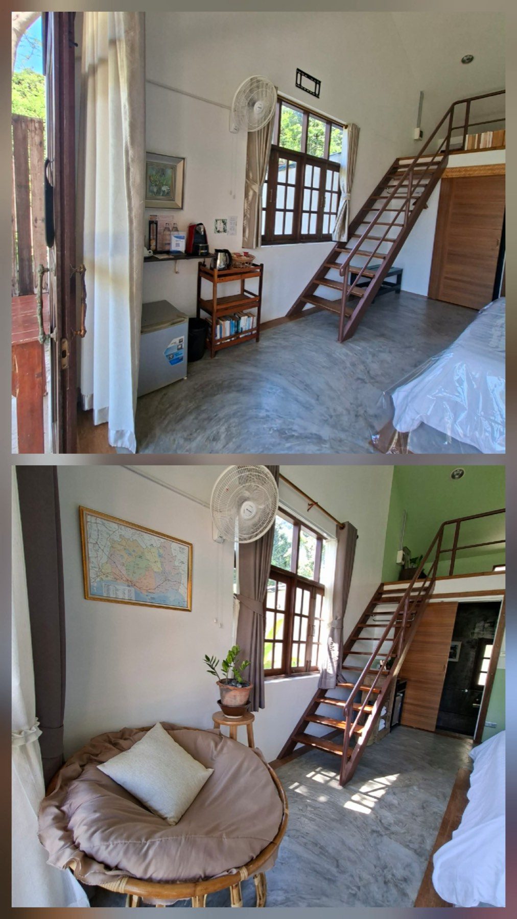 Guest room at Tree Roots Retreat before and after the redesign.
