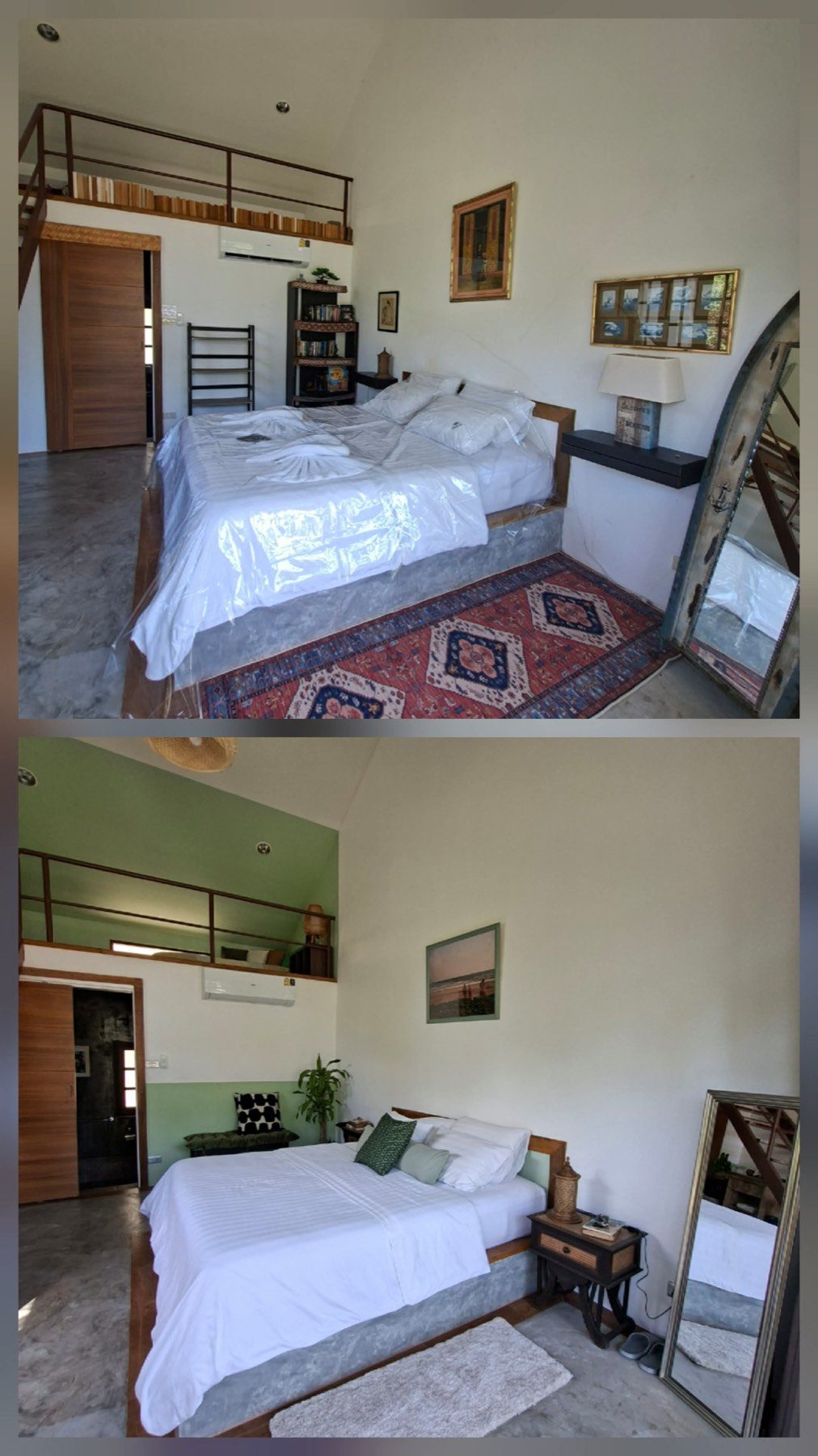 The mezzanine above a guest room, redesigned as a quiet reading and yoga space.